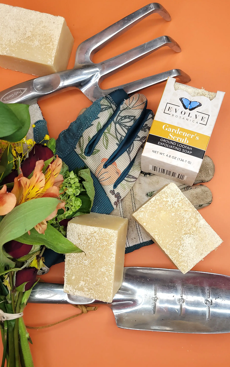 Evolve Botanica Gardener's Soap in a clear glassine bag, showcasing a natural, handcrafted specialty soap designed for gardeners.