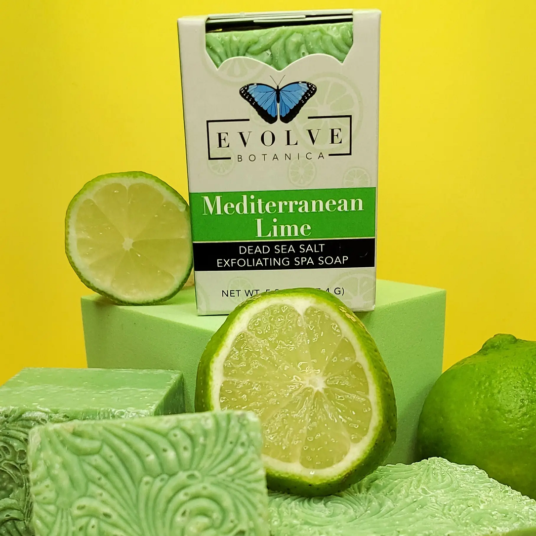 Evolve Botanica Mediterranean Lime Salt Bar soap in a clear glassine bag, highlighting its natural ingredients and fresh citrus scent.