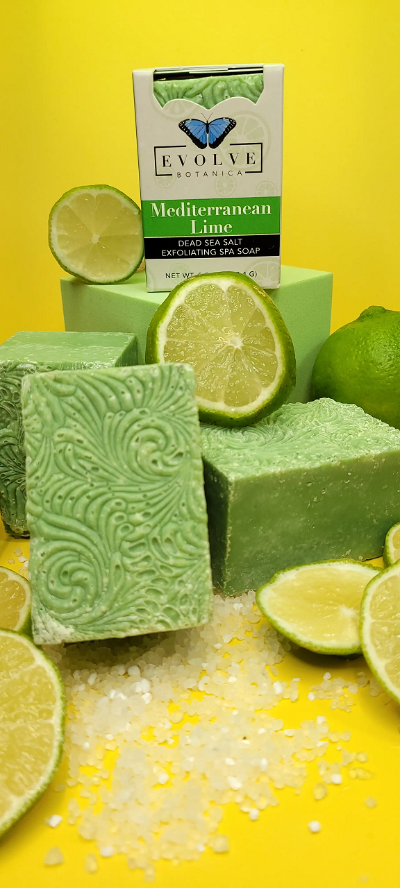 Evolve Botanica Mediterranean Lime Salt Bar, specialty soap in a clear glassine bag, featuring vibrant lime and salt ingredients.
