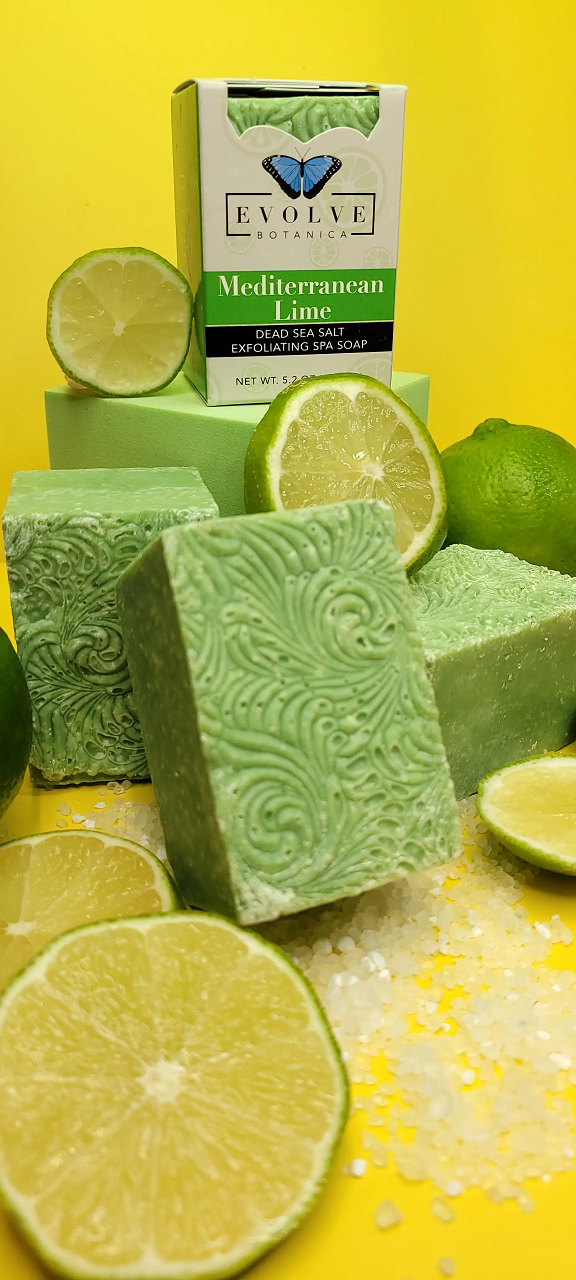 Evolve Botanica Mediterranean Lime Salt Bar specialty soap in a plain paper bag, showcasing the natural soap with a vibrant lime scent.