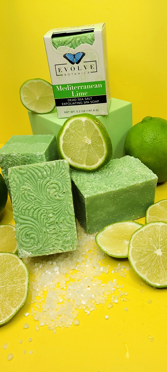 Evolve Botanica Mediterranean Lime Salt Bar soap in unprinted glassine bag, natural ingredients, specialty skincare product