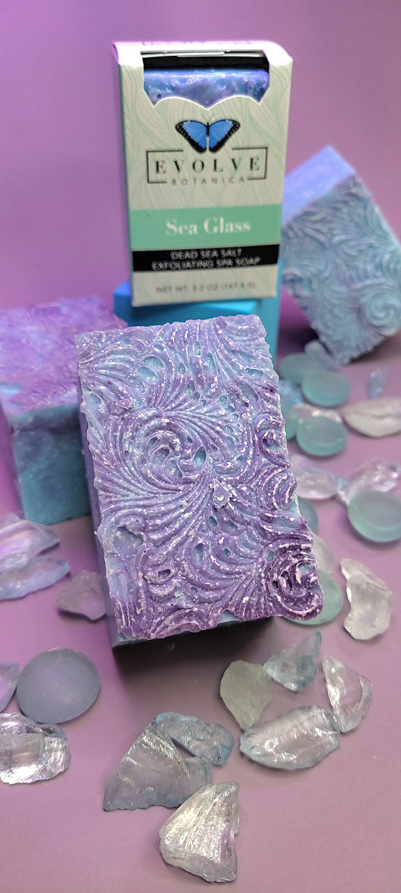 Evolve Botanica Sea Glass Salt Bar specialty soap wrapped in unprinted glassine bag, showcasing natural sea glass ingredients.