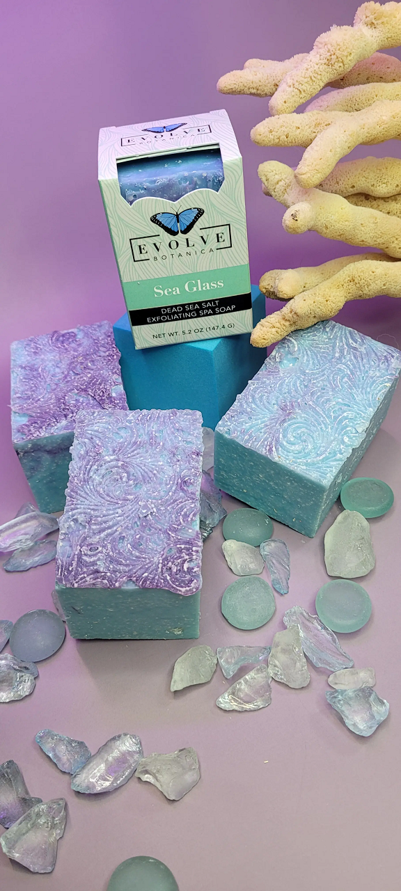 Evolve Botanica Sea Glass Salt Bar specialty soap wrapped in unprinted glassine bag for natural skincare.