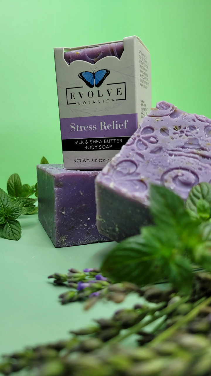 Evolve Botanica Stress Relief Silk Specialty Soap wrapped in unprinted glassine bag for shipping.