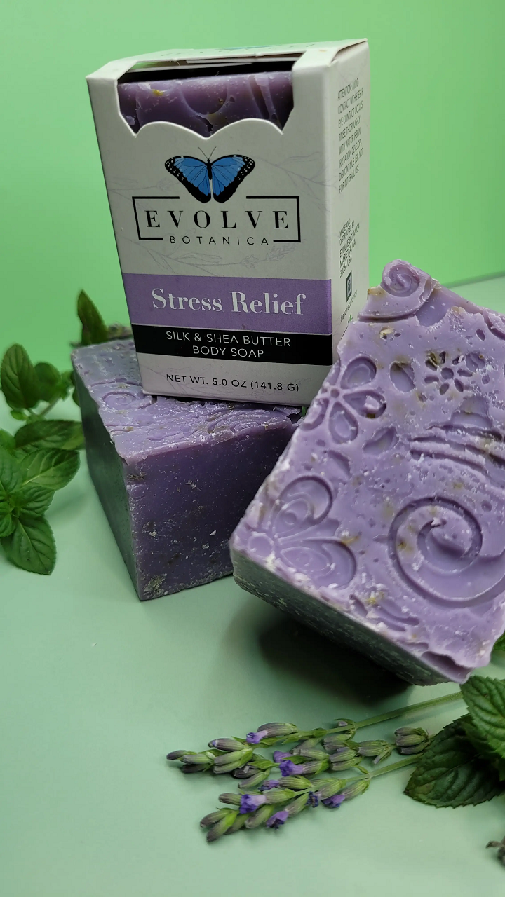 Evolve Botanica Stress Relief Silk specialty soap wrapped in unprinted glassine bag for shipping.