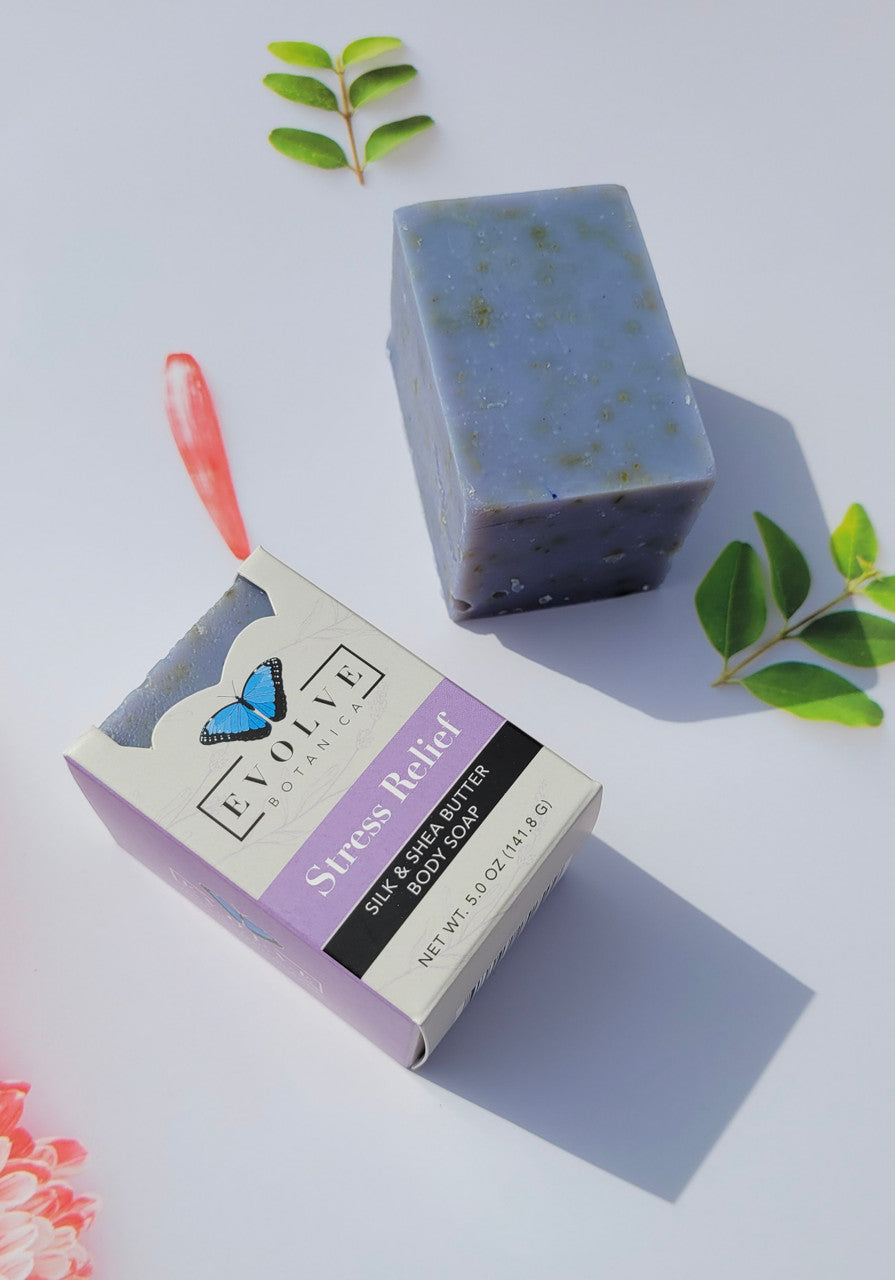 Evolve Botanica Stress Relief Silk Specialty Soap packed in unprinted glassine bag, showcasing a luxurious natural soap bar