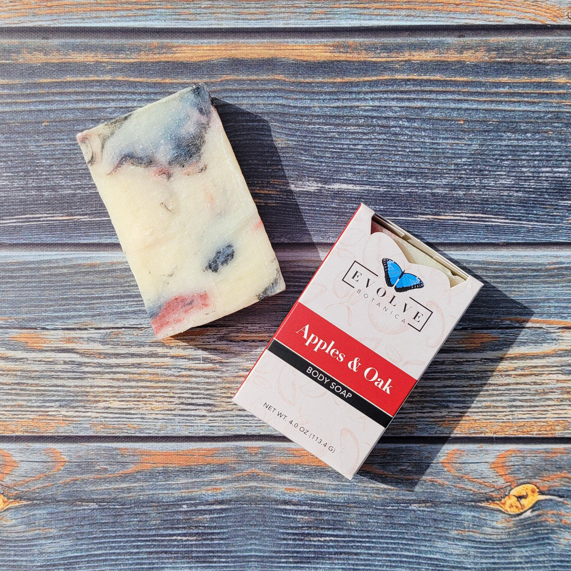 Evolve Botanica Apples & Oak Standard Soap wrapped in unprinted glassine bag, showcasing natural soap with apple and oak scent.