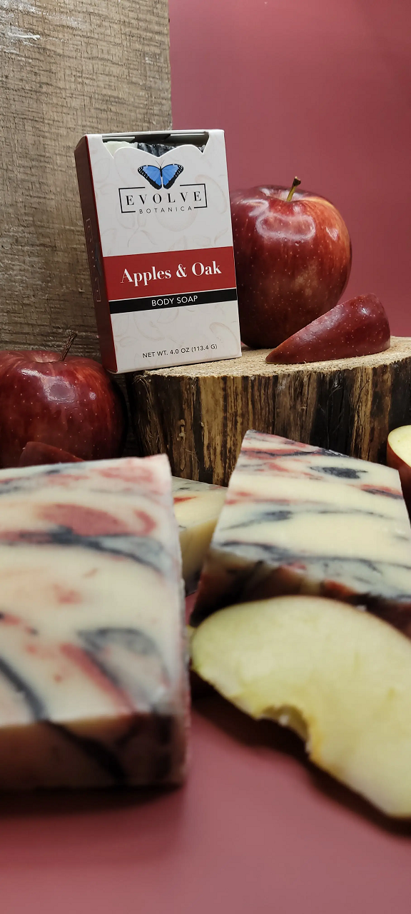Evolve Botanica Apples & Oak Standard Soap wrapped in unprinted glassine bag, showcasing natural soap with apple and oak scents.