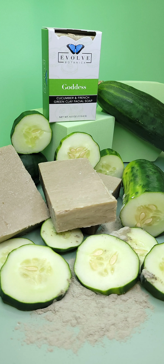 Evolve Botanica Goddess Cucumber and French Green Clay facial soap wrapped in unprinted glassine bag for shipping.