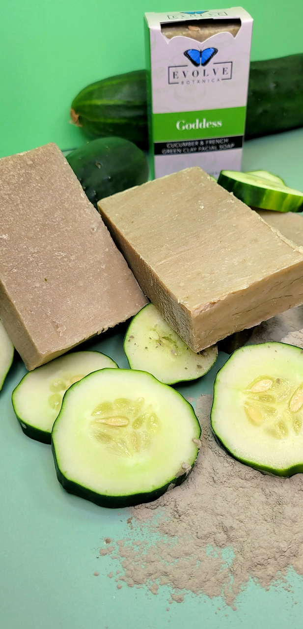 Evolve Botanica Goddess Cucumber & French Green Clay facial soap in unprinted glassine bag, showcasing the natural bar with green and cucumber tones.