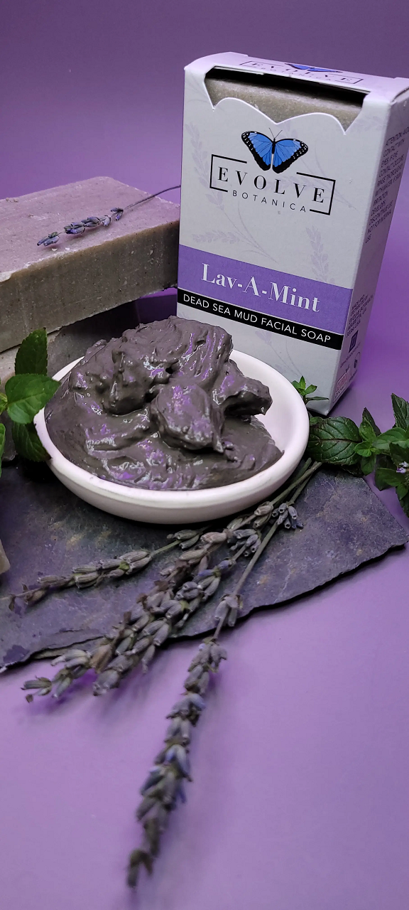 Evolve Botanica Lav-A-Mint Dead Sea Mud Facial Soap wrapped in unprinted glassine bag for shipping.