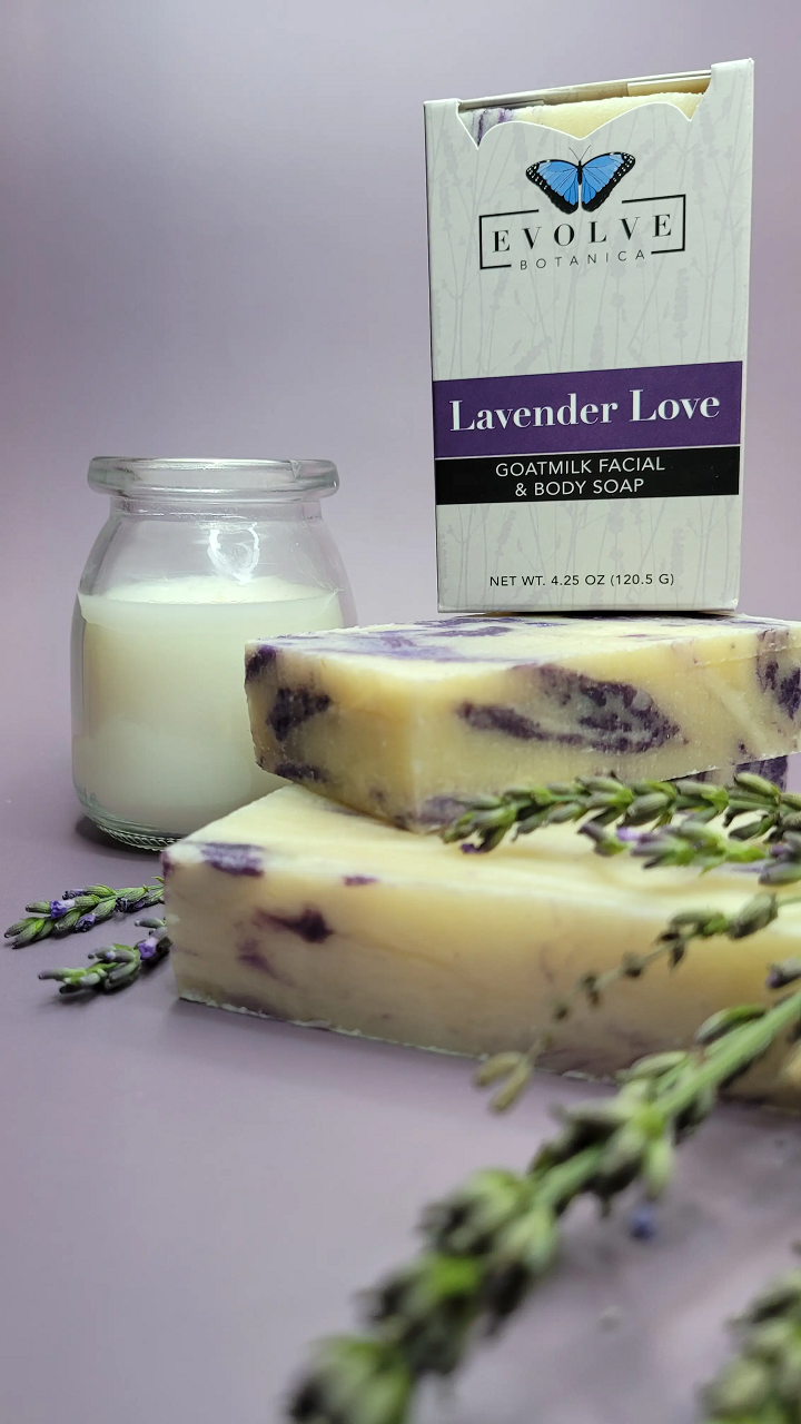Evolve Botanica Lavender Love goatmilk soap wrapped in unprinted glassine bag, natural and handcrafted skincare product.