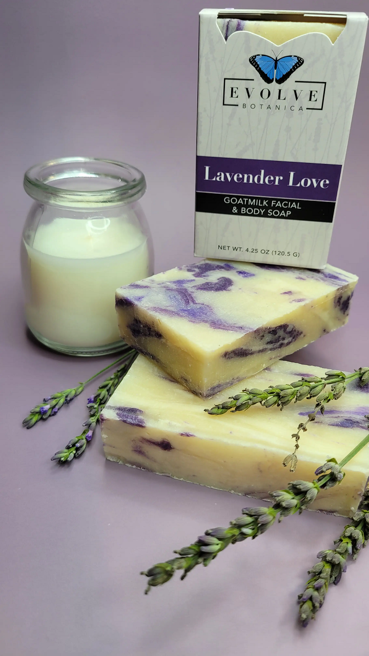 Evolve Botanica Lavender Love Goatmilk soap wrapped in unprinted glassine bag, showing a smooth, lavender-scented soap bar.
