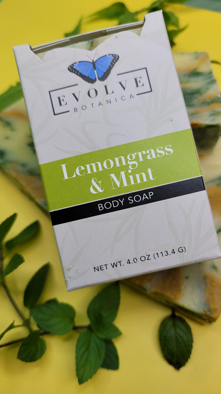 Evolve Botanica Lemongrass & Mint Standard Soap wrapped in unprinted glassine bag for shipping.
