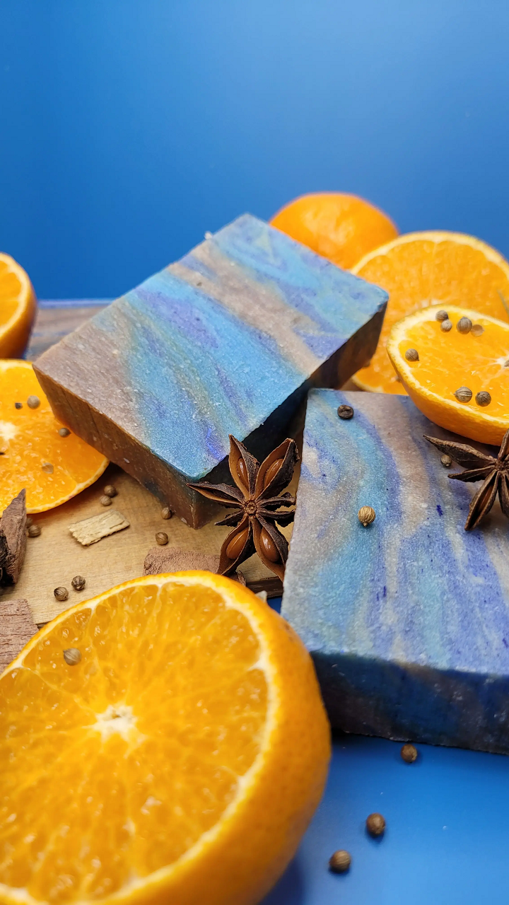 Evolve Botanica Standard Soap Nebula (Blue) wrapped in unprinted glassine bag for shipping, natural and handcrafted appearance.
