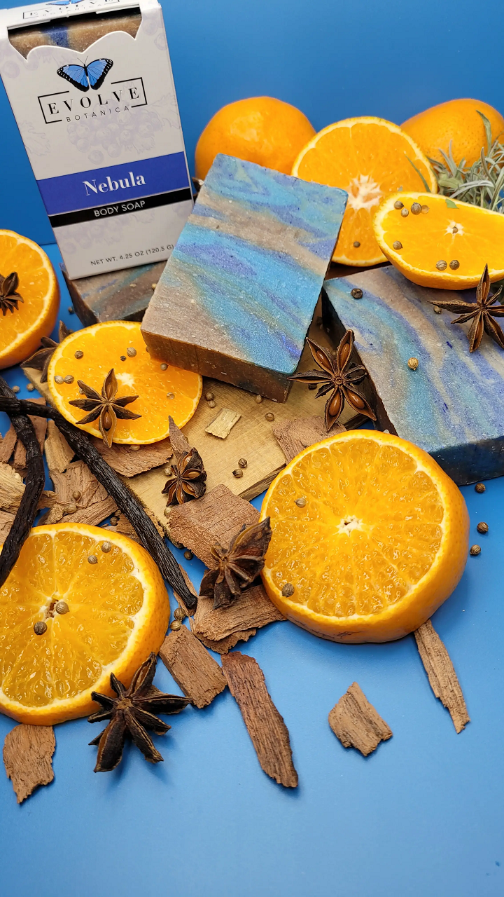 Evolve Botanica Standard Soap Nebula (Blue) wrapped in unprinted glassine bag for shipping, natural and handcrafted skincare product.