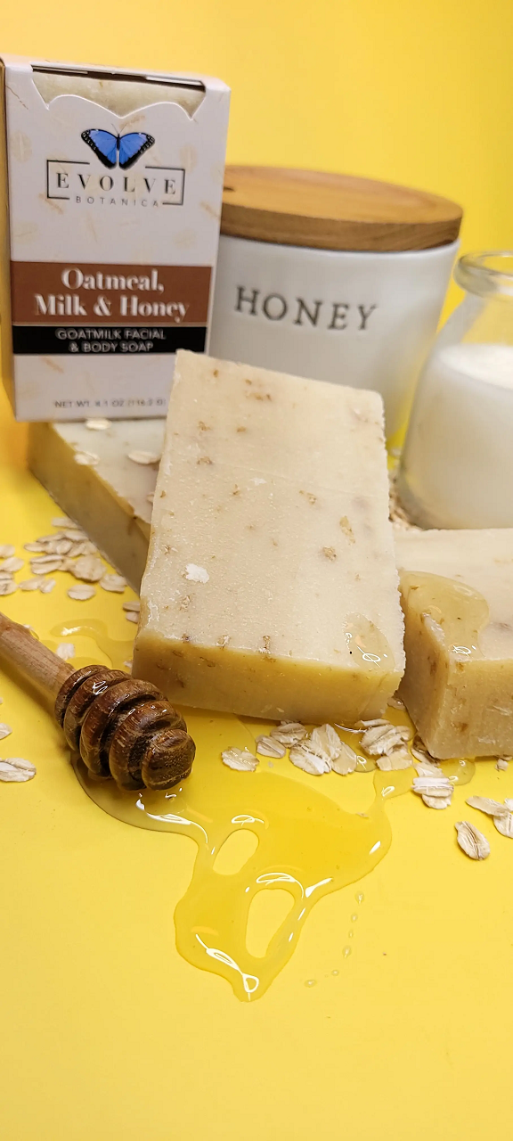 Evolve Botanica oatmeal, milk, and honey goatmilk facial and body soap wrapped in unprinted glassine bag for shipping.