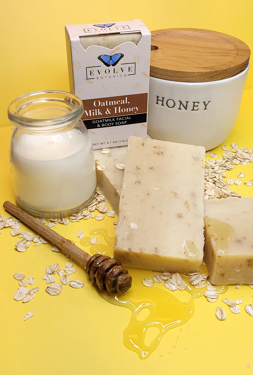 Evolve Botanica oatmeal, milk & honey goatmilk facial and body soap in unprinted glassine bag, natural ingredients, handcrafted.