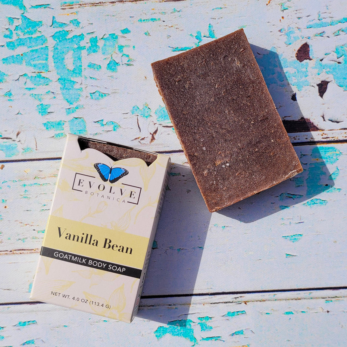 Evolve Botanica vanilla bean goat milk standard soap wrapped in unprinted glassine bag for shipping.