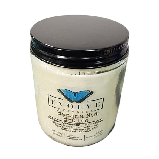 Evolve Botanica 9oz Jam Jar Crystal Soy Candle Banana Nut Brulee with Citrine and Tiger's Eye, natural wood wick, elegant glass jar