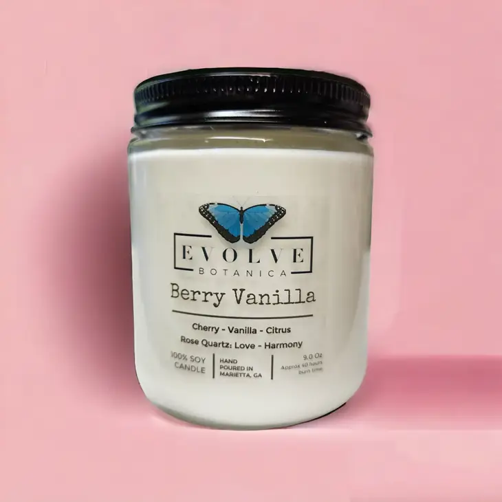 Evolve Botanica Classic 9oz Jam Jar crystal soy candle with berry vanilla scent and rose quartz, natural wood wick.