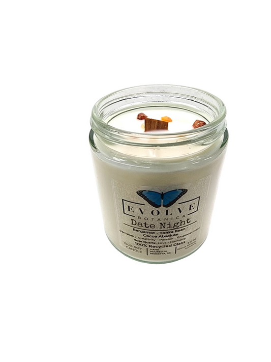Evolve Botanica classic 9oz jam jar soy candle with rose quartz and carnelian crystals, natural wood wick for date night ambiance