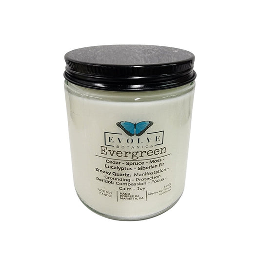 Evolve Botanica 9oz Jam Jar soy candle with evergreen scent, smoky quartz, and peridot crystals, natural wood wick.