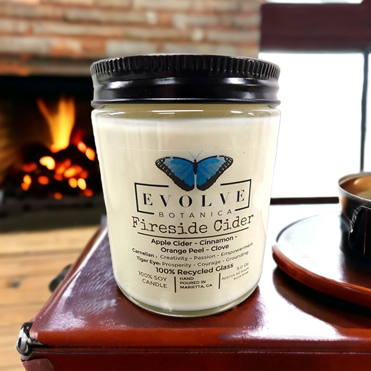 Evolve Botanica Classic 9oz Jam Jar Crystal Soy Candle with fireside cider scent, featuring Carnelian and Tigers Eye stones.