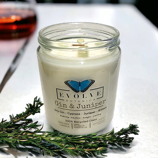 Evolve Botanica Classic 9oz Jam Jar Crystal Soy Candle with Gin & Juniper scent and Prehnite crystal, natural wood wick.