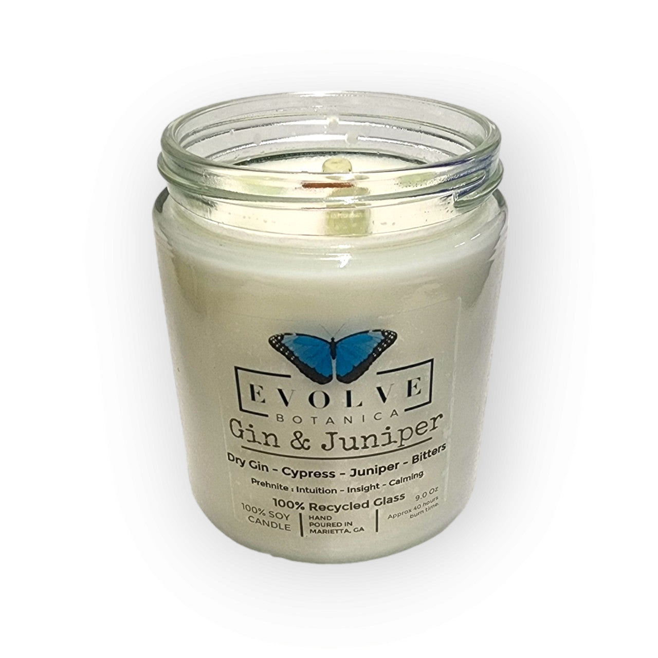 Evolve Botanica 9oz jam jar soy candle with gin and juniper scent, crystal prehnite, natural wood wick, decorative rustic style