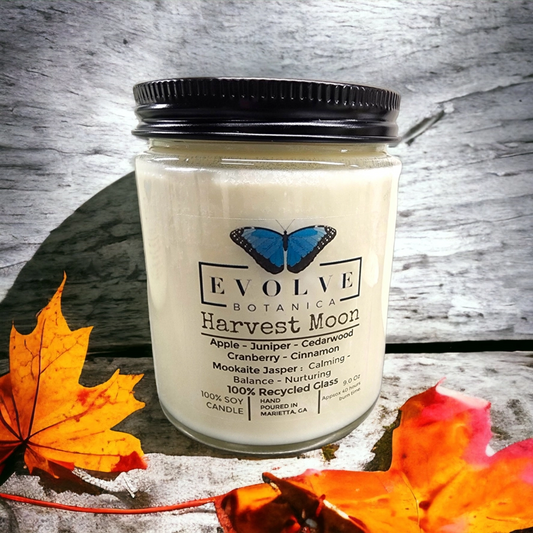 Classic 9oz Jam Jar Crystal Soy Candle by Evolve Botanica with Harvest Moon scent and Mookite gemstone, natural wood wick.