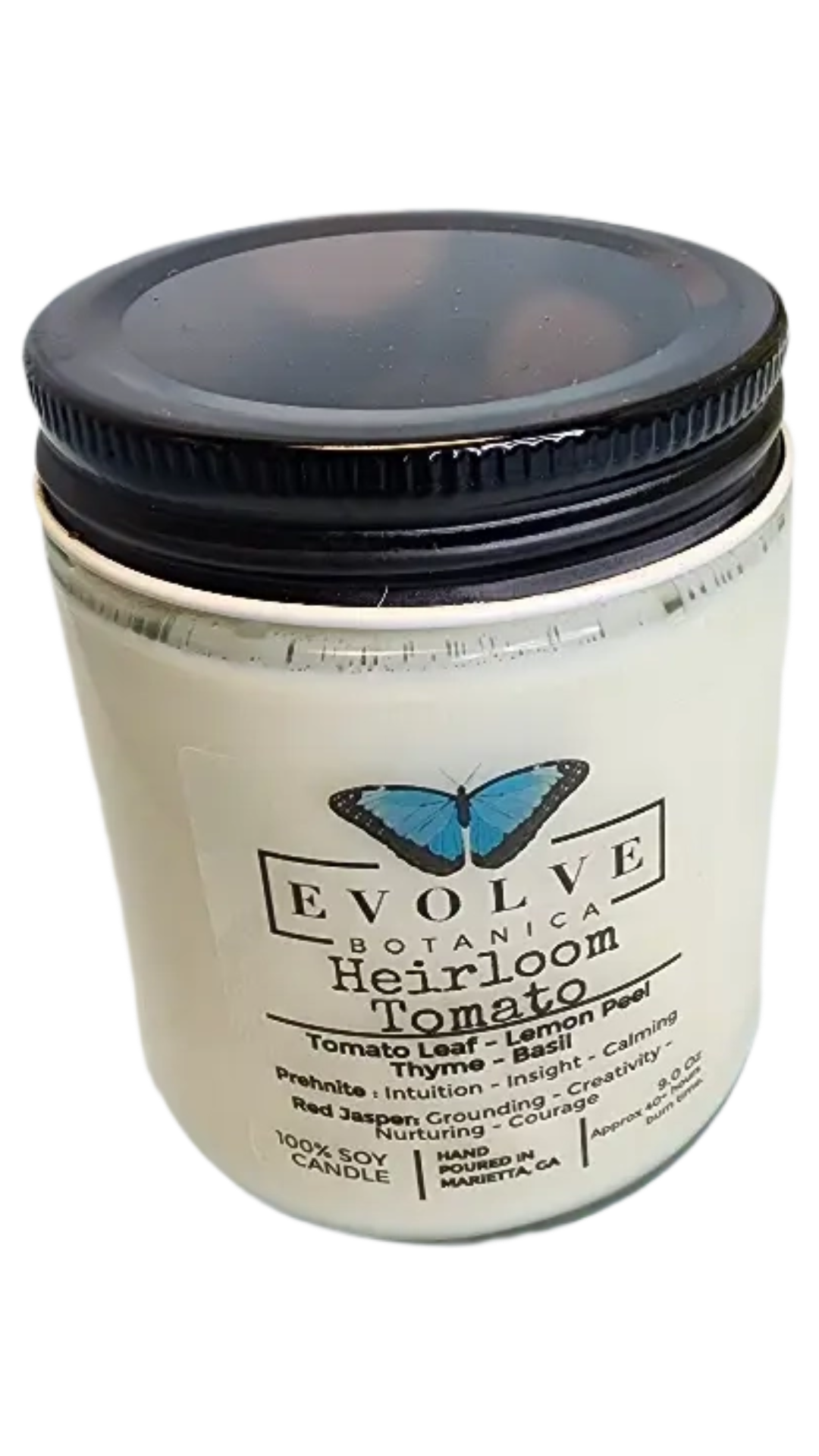 Evolve Botanica 9oz jam jar soy candle with heirloom tomato scent, featuring prehnite and red jasper crystals and a natural wood wick.