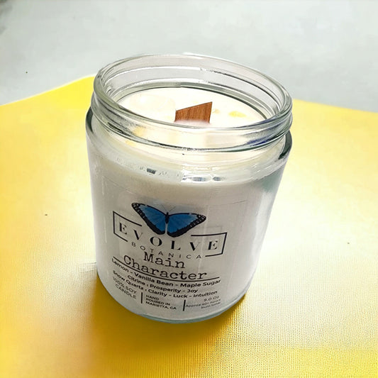 Evolve Botanica Classic 9oz jam jar soy candle with citrine and snow quartz crystals, natural wood wick, and crystal accents.