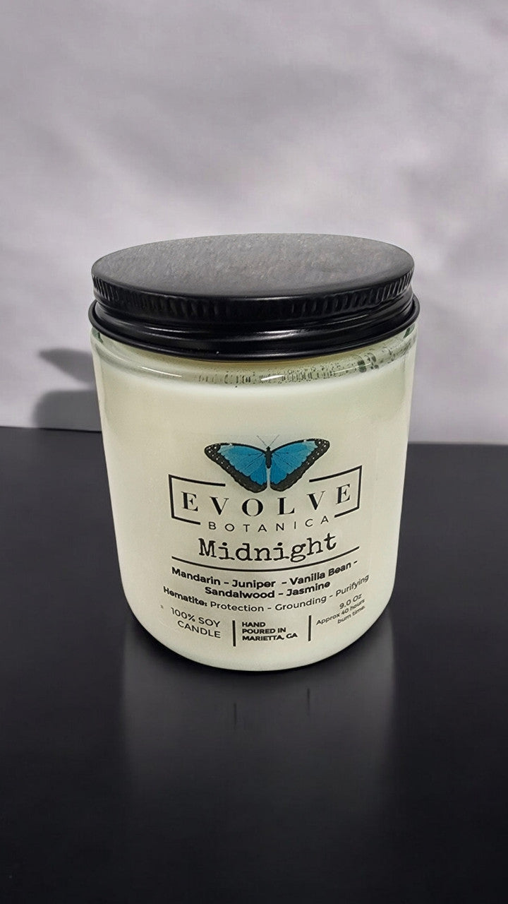 Evolve Botanica Classic 9oz Jam Jar Crystal Soy Candle with natural wood wick, Midnight Super Seven scent.