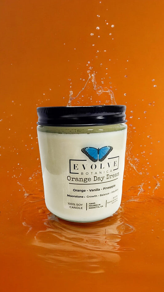 Evolve Botanica Classic 9oz Jam Jar Crystal Soy Candle in Orange Day Dream with natural wood wick and moonstone accent.