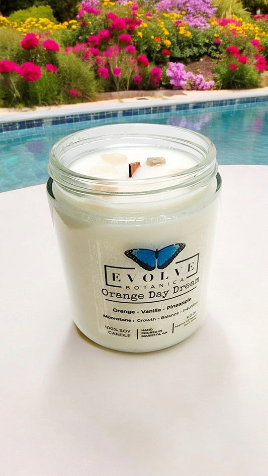 Evolve Botanica Classic 9oz Jam Jar Crystal Soy Candle with natural wood wick, orange daydream scent, Moonstone color.