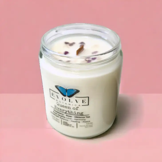 Evolve Botanica Classic 9oz Jam Jar Crystal Soy Candle with rose quartz and amethyst, featuring a natural wood wick.