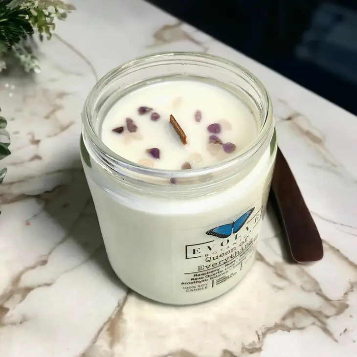 Evolve Botanica Classic 9oz Jam Jar Crystal Soy Candle with Rose Quartz and Amethyst, natural wood wick, for Mother's Day.