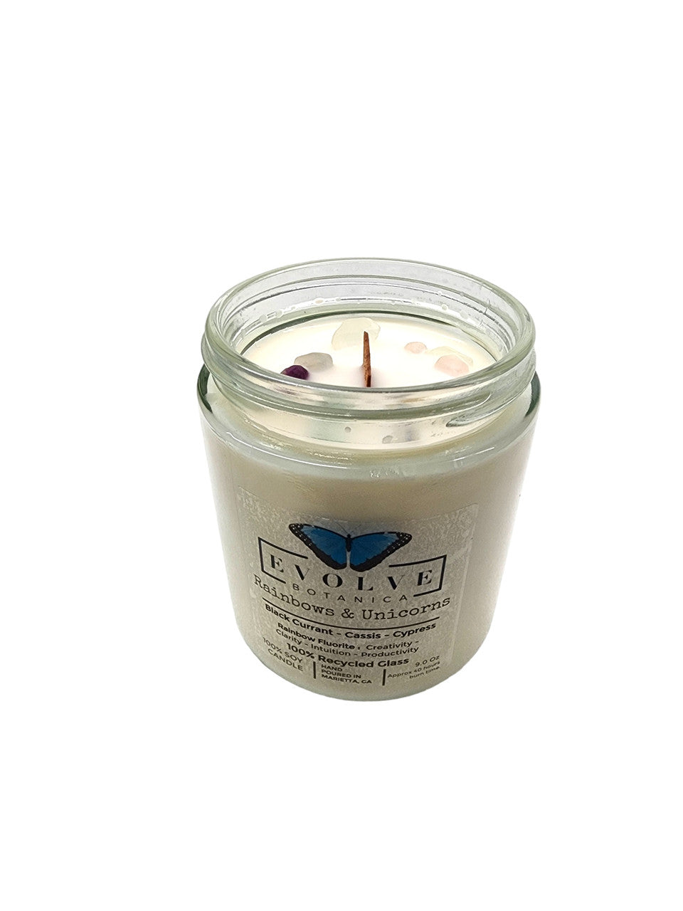 Evolve Botanica Classic 9oz Jam Jar Crystal Soy Candle with rainbows, unicorns design and fluorite crystal accents.