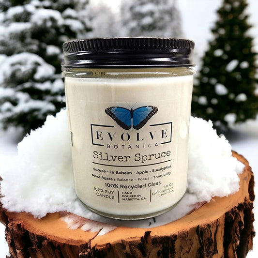 Classic 9oz Jam Jar soy candle by Evolve Botanica with Silver Spruce scent, moss agate crystal, natural wood wick, and elegant design.