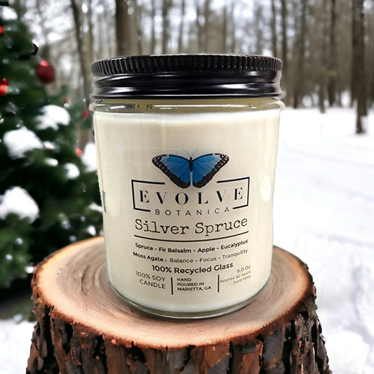 Evolve Botanica 9oz jam jar soy candle with silver spruce scent, crystal accents, natural wood wick, in a classic design.