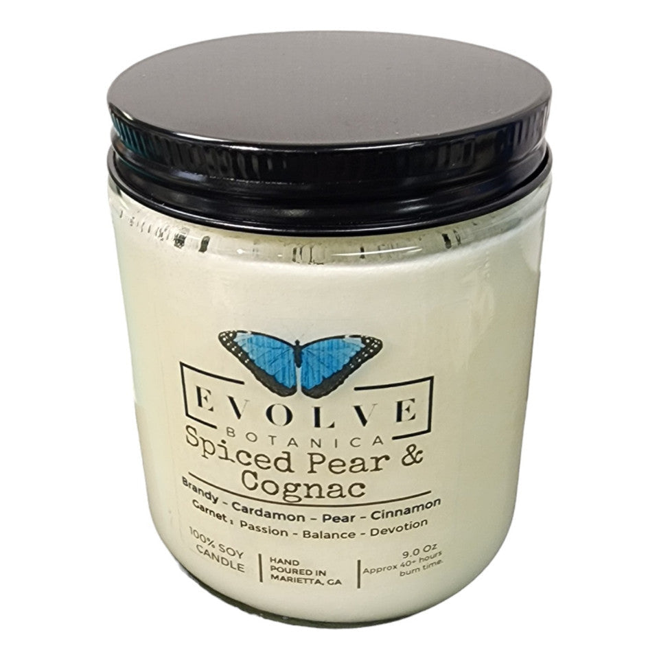 Evolve Botanica Classic 9oz jam jar crystal soy candle with spiced pear and cognac scent, garnet-colored wax and natural wood wick