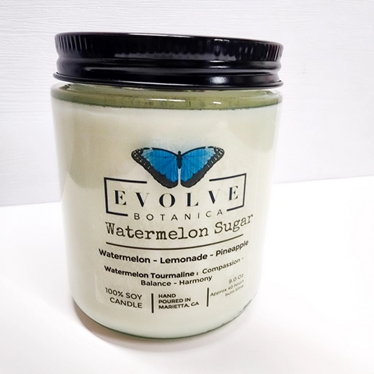 Evolve Botanica 9oz jam jar soy candle with Watermelon Sugar scent, featuring a crystal Watermelon Tourmaline design and natural wood wick
