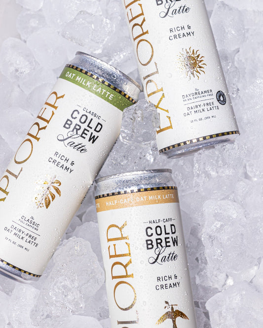 Cold Brew Oat Latte 12-pack by Explorer Cold Brew, featuring rich, creamy coffee drinks in 12oz bottles with customizable caffeine levels.
