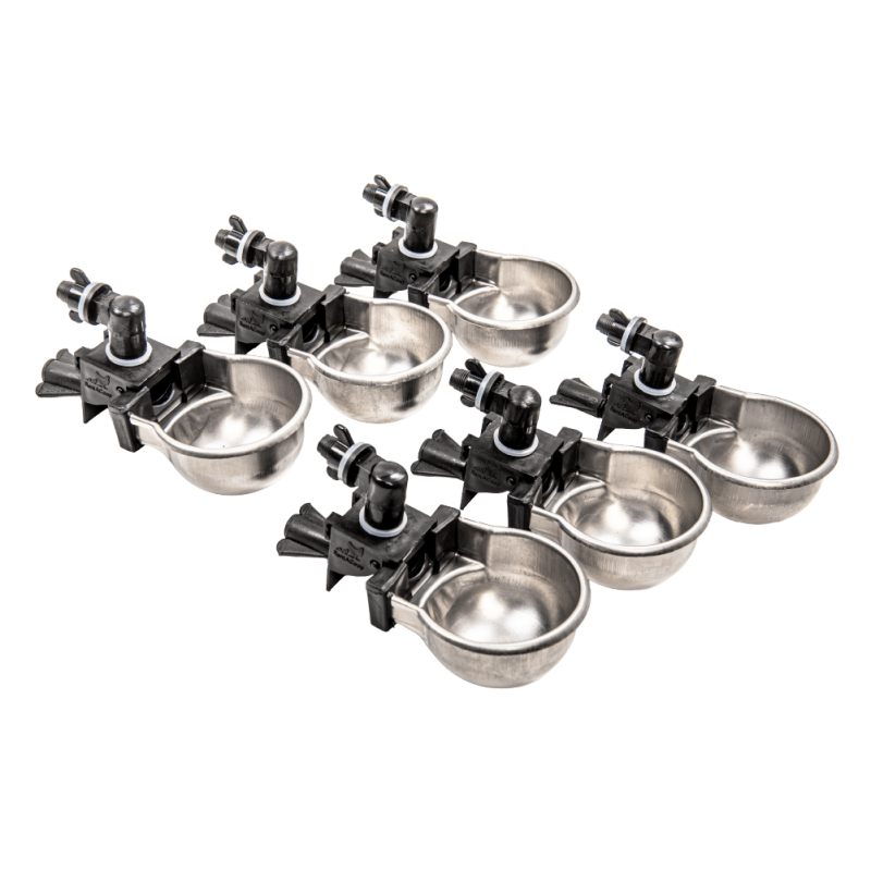 RentACoop RAC Paws DIY Auto-Fill Metal Waterer Cups for small animals like rabbits, hamsters, guinea pigs, and ferrets in a 6-pack.