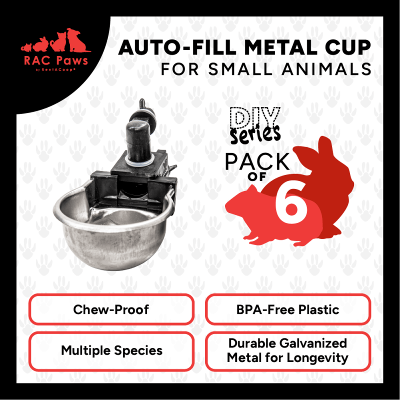 RentACoop RAC Paws DIY auto-fill metal water cups for small animals like rabbits, hamsters, guinea pigs, and ferrets, 6-pack.