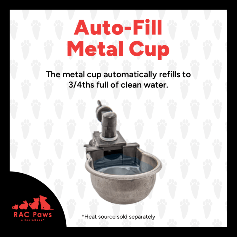 RentACoop DIY auto-fill metal water cups for small animals like rabbits, hamsters, ferrets, and chickens in a 6-pack.