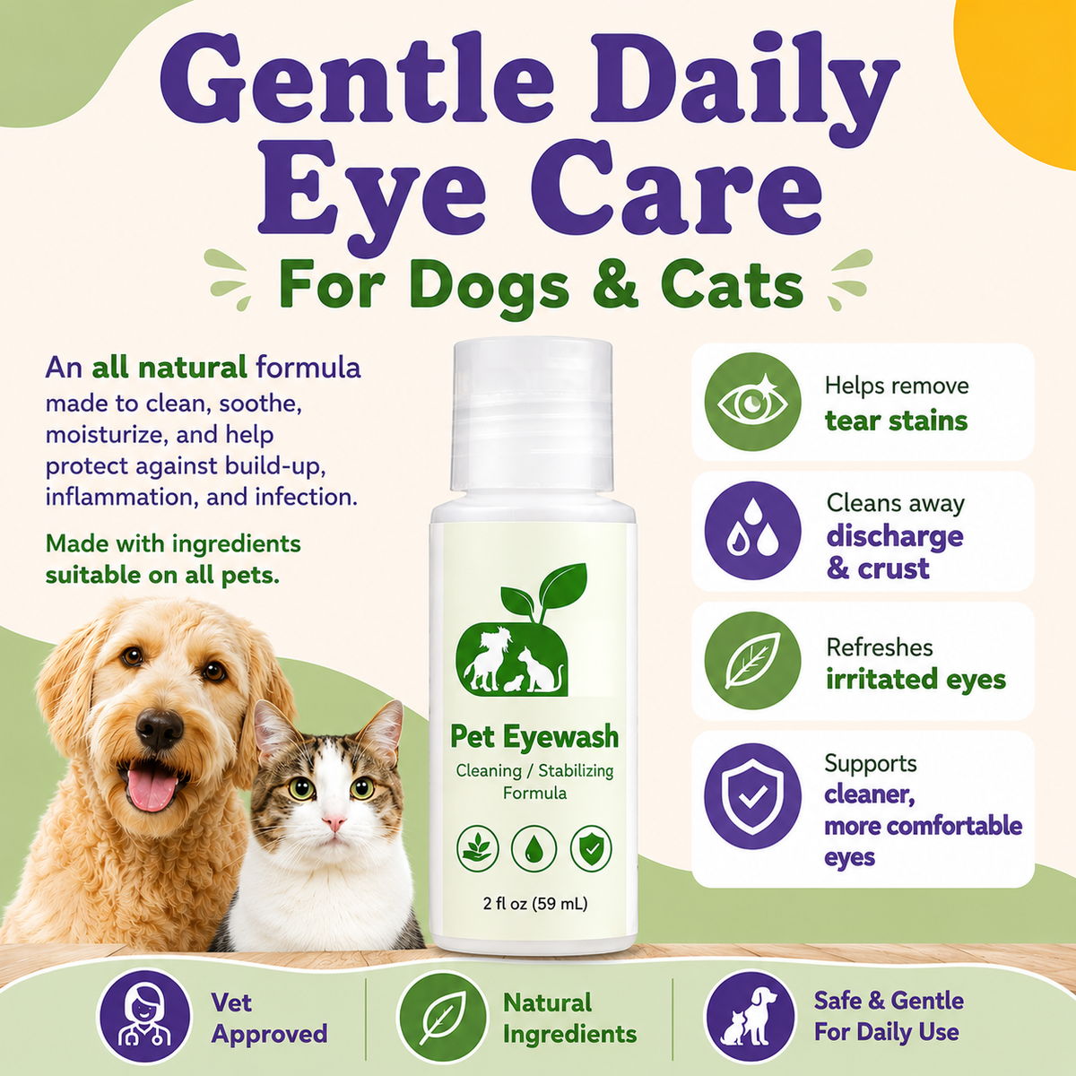 ReNewedPet 4-ALL PETS EYEWASH for pet grooming, showing a bottle of eye cleaning solution with a white cap and clear label.