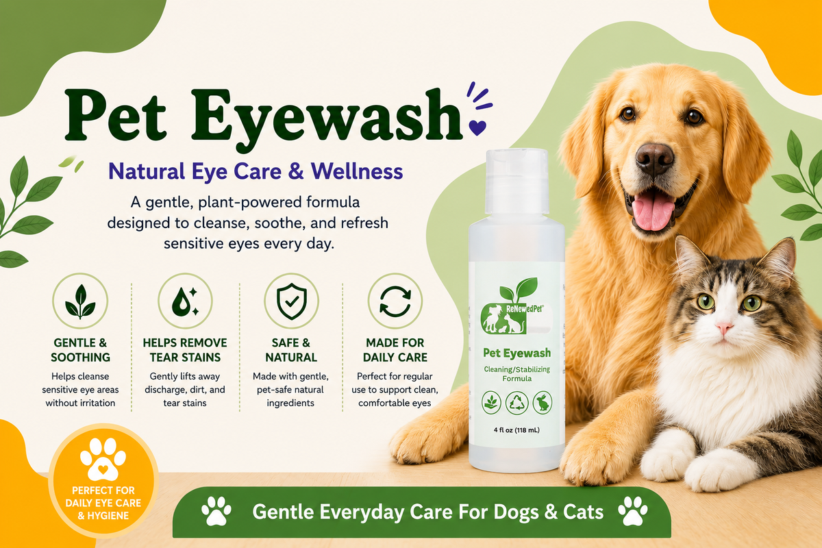 ReNewedPet 4-ALL PETS EYEWASH for dog and cat eye cleaning, gentle pet grooming solution with easy application.