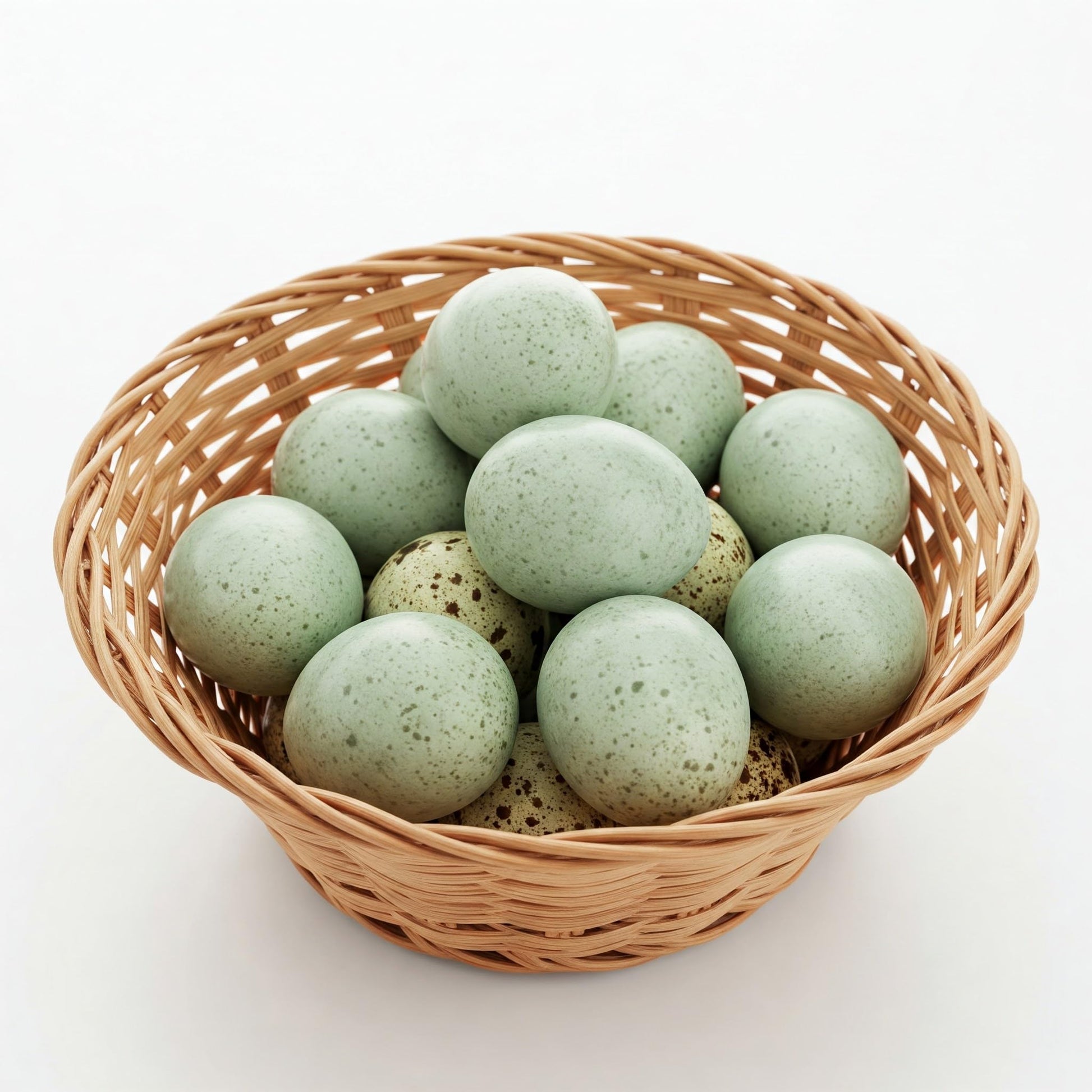 Celadon Coturnix quail hatching eggs with smooth green shells, laid in a nest for incubation by Quailz.com.